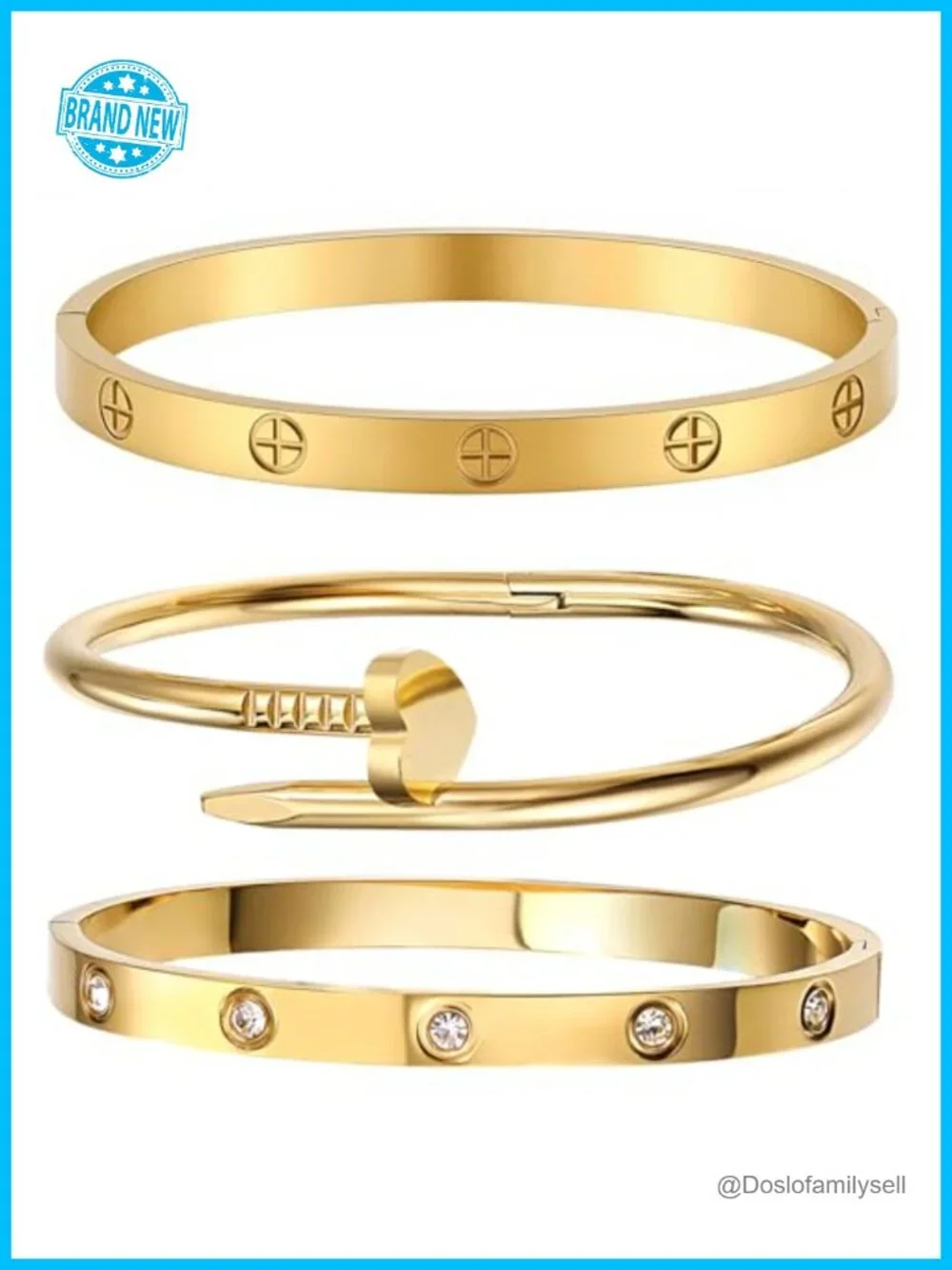 18K Gold Plated Stainless Steel Love Nail Bangle Clover Bracelet Set Stackable